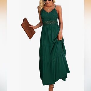 Elegant Green Maxi Dress with Brown Clutch